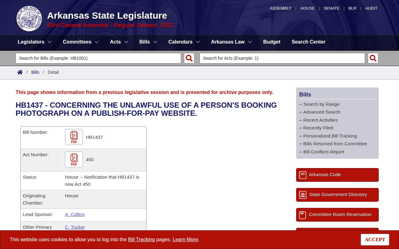 Arkansas Act 450 source for Johnson County busted mugshot removal law
