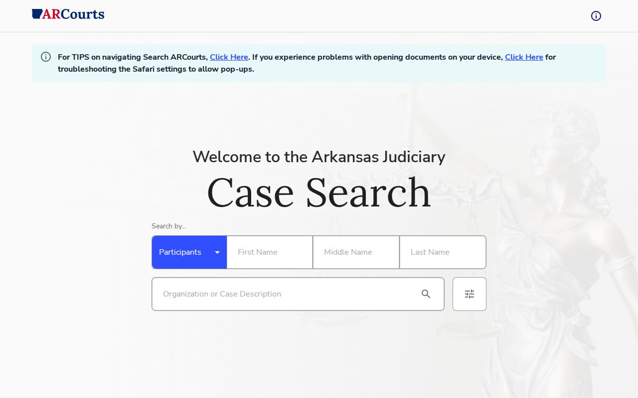 Search ARCourts participant lookup for Johnson County arrest dispositions