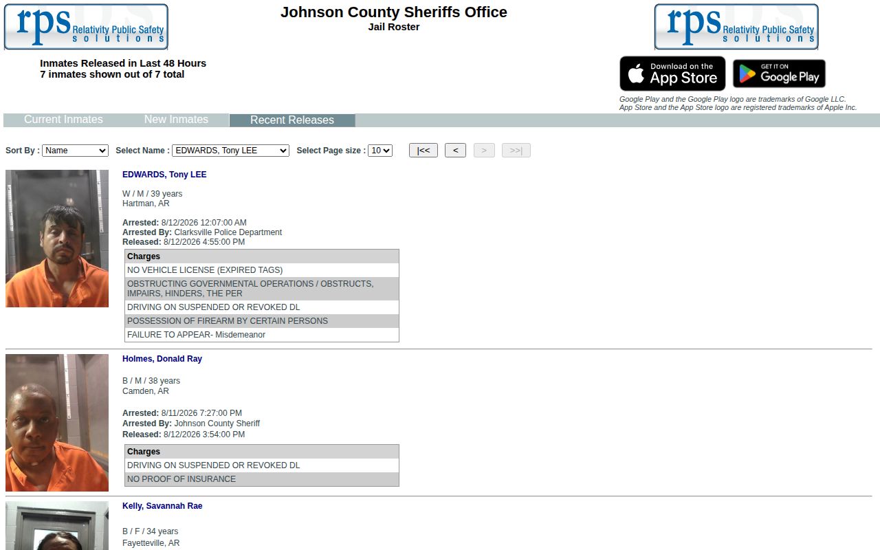 Johnson County recent release record feed with booking photos